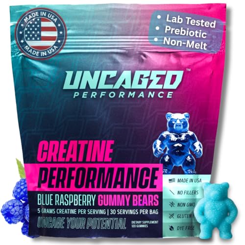 Uncaged Performance Creatine Monohydrate Gummies 5g with Prebiotic Fiber for Muscle Growth & Strength, 30 Servings, Blue Raspberry - Lab Tested - 5000mg Premium All Natural