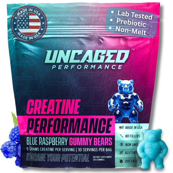 Uncaged Performance Creatine Monohydrate Gummies 5g with Prebiotic Fiber for Muscle Growth & Strength, 30 Servings, Blue Raspberry - Lab Tested - 5000mg Premium All Natural