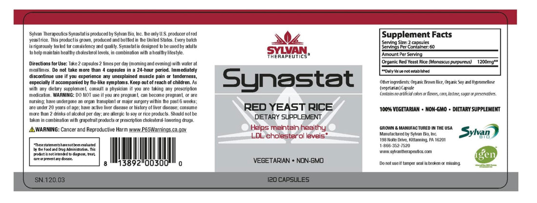 Synastat Red Yeast Rice Supplement – 120 Vegetarian Capsules – Supports Healthy Cholesterol Levels – Organic, Non-GMO, Made in USA by Sylvan Wellness